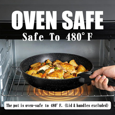 21-Piece Detachable-Handle Nonstick Cookware Set With Granite Coating for healthy cooking in oven at 480°F.