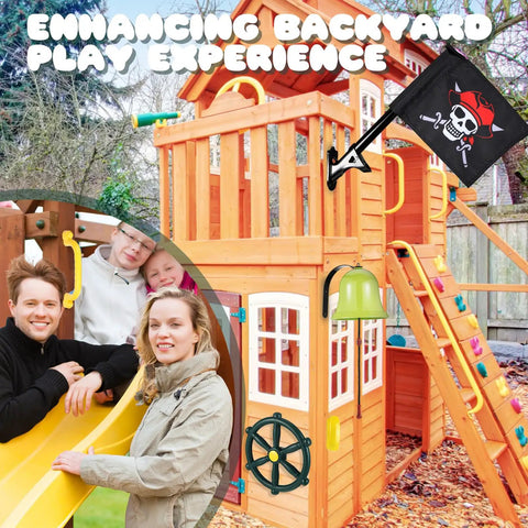Nautical Themed Backyard Playground Accessories Set With Ship Wheels Telescope Telephone Bell Pirate Flag With Base Safety Handle Bars And Mounting Hardware For Outdoor Playhouse Or Swing Set shown on wooden playhouse with kids playing.