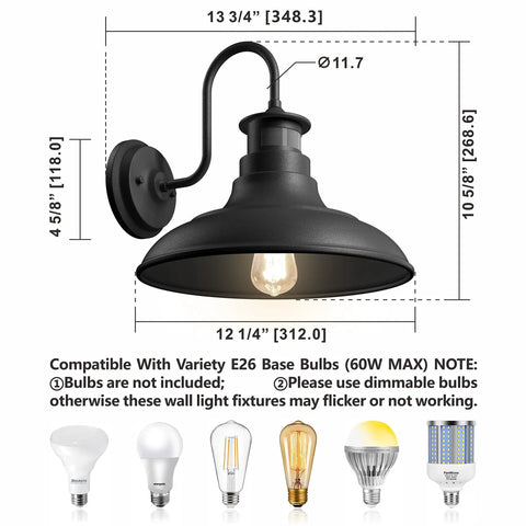 Diagram of 14-inch black gooseneck wall sconce with bulb compatibility for Two Pack Gooseneck Wall Sconce Barn Lights.