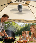 18 Inch Portable Ceiling Fan With Light For Patio Canopy Tent Porch And RV Battery Operated With 12000mAh Four Speeds Eight Hour Timer Long Run Time Up To Sixteen Hours Per Charge On The Go hanging in a tent.