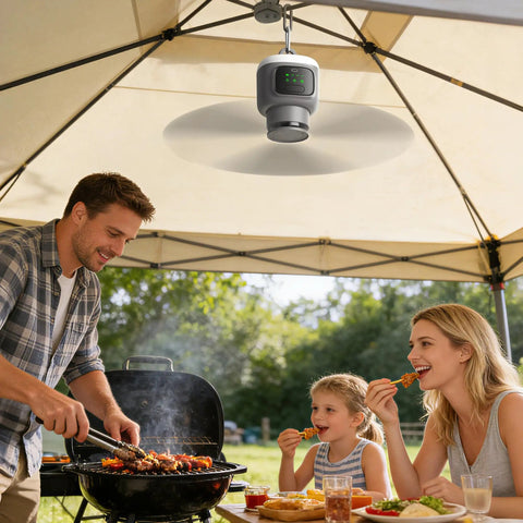 18 Inch Portable Ceiling Fan With Light For Patio Canopy Tent Porch And RV Battery Operated With 12000mAh Four Speeds Eight Hour Timer Long Run Time Up To Sixteen Hours Per Charge On The Go hanging in a tent.
