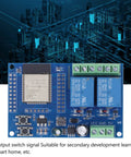 ESP Relay Module Two Channel 5V Relay Board With 4MB Flash For Secondary Development Learning Dope Programmable Relay Board With Stable IO Pins And UART Download For Easy Plug And Play DIY Home Automation Projects visible on a circuit board with connectors and components.