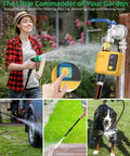 Smart Water Timer 1 Zone Garden Hose With WiFi Remote App And Voice Control for Lawn Irrigation, shown watering garden.