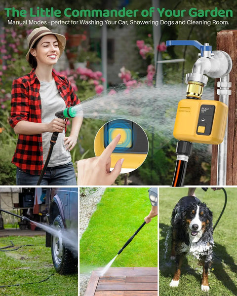 Smart Water Timer 1 Zone Garden Hose With WiFi Remote App And Voice Control for Lawn Irrigation, shown watering garden.