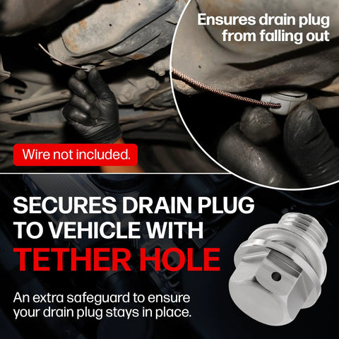 Magnetic M14x1.5 engine oil drain plug, stainless steel with tether hole, installed under vehicle