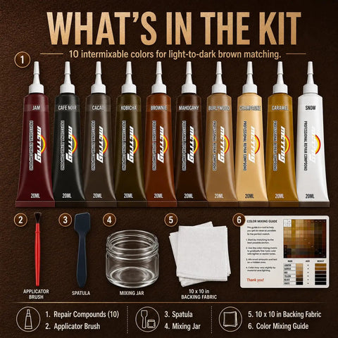 No Sweat Brown Leather And Vinyl Repair Kit Blends Dark Light Tan Chocolate Colors For Couch Sofa Chair Car Seat And Boots Effortless Invisible Diy Patch Fix Up Today 10 color tubes and accessories.
