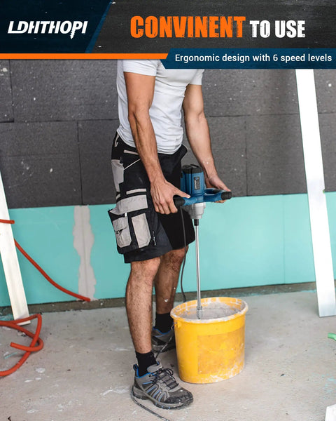 Person using Powerful 2300W Electric Cement Mixer Handheld With 6 Speed Settings, 110V Portable Mortar Mixer for smooth stirring.