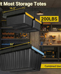 Connectable Overhead Garage Storage Rack With 3 Rails Set For Ceiling Mount Holds 2 Plastic Totes above workbench in garage