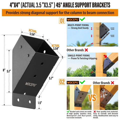 Beefy 4 Pack 45 Degree Angle Support Brackets For 4X4 Posts 3.5X3.5 Inch Outdoor Pergolas Gazebos Decks Porches Cabins Frosted Black Stainless Steel Waterproof Heavy Duty Kit With 304 Screws