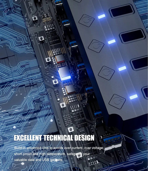 7-Port USB 3.0 Hub With 3ft Cable For Laptop PC Surface Pro PS4 And PS5, Individual LED On Off Per Port, circuit design