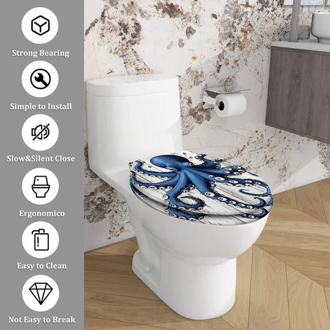 Elongated Resin Octopus Toilet Seat for Bathroom on a white toilet, featuring a blue octopus design and easy installation features.