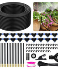 100Ft Drip Irrigation Kit For Garden With 360 Degree Adjustable Sprinklers And DIY Yard Watering System Includes 18 Bendable Nozzles 18 Three Way Connectors 1 Two Way Connector 100Ft 1/4 Inch Tubing Greenhouse Plant Watering Misting components displayed