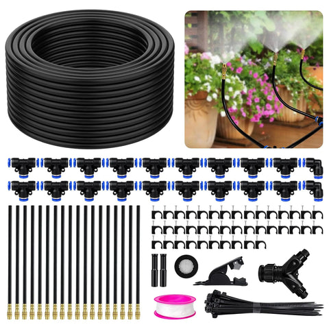 100Ft Drip Irrigation Kit For Garden With 360 Degree Adjustable Sprinklers And DIY Yard Watering System Includes 18 Bendable Nozzles 18 Three Way Connectors 1 Two Way Connector 100Ft 1/4 Inch Tubing Greenhouse Plant Watering Misting components displayed