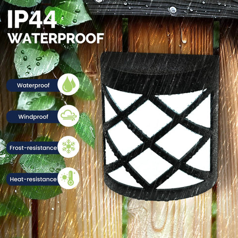 Eight Pack Solar Fence Lights Cold White Outdoor Waterproof Wall Lights For Garden Yard Patio Front Door Garage Solar Powered No Wiring Required Crazy Easy Install Energy Efficient Pathway Lighting on a wooden wall under rain showcasing IP44 waterproof, windproof, frost-resistance, and heat-resistance features.