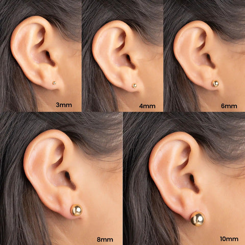 18K Gold Plated Ball Stud Earrings Set, 5 Piece, Sizes 3mm To 10mm, High Polish Finish, Tarnish Resistant, Comfortable Everyday Wear To Any Outfit, Dope Sparkle Gold Tone Jewelry Gift. 3mm-10mm studs on ear