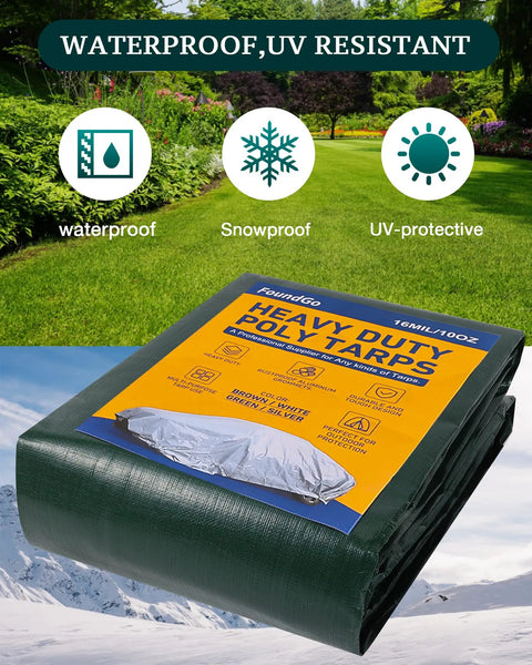Beefy Heavy Duty Tarps 16mil Waterproof Poly Tarpaulin With Grommets UV Resistant green tarp in packaging on snow and grass