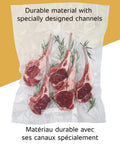 Vacuum-sealed lamb chops in vacuum sealer bag showcasing channels, part of Custom Length Vacuum Sealer Bags Multipack Of 5 Count Rolls.