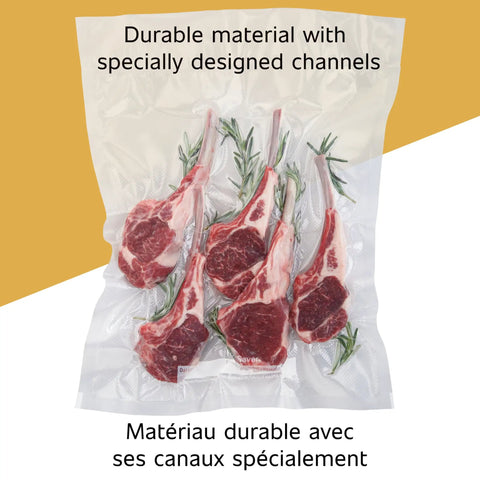 Vacuum-sealed lamb chops in vacuum sealer bag showcasing channels, part of Custom Length Vacuum Sealer Bags Multipack Of 5 Count Rolls.