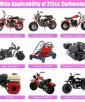 Various vehicles and engines showcasing compatibility with Beefed Up PZ27 Carburetor Kit Throttle Assembly Replacement For Predator 212cc.
