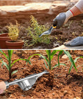 Twin Pack Hand Weeder Tools Kit With V-Shaped Forks Stainless Steel Manual Weed Puller Set in garden use, ergonomic handle visible.