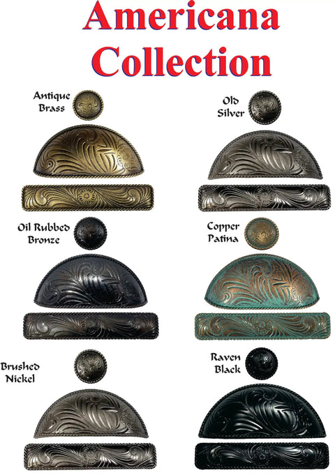 Real Deal Vintage Americana Cabinet Handle Featuring Darn Fine Copper Patina Coating And Sturdy Three Inch Spacing Built For Knockout Furniture Makeovers display of various cabinet handles in antique finishes including copper patina, oil rubbed bronze, Raven Black.