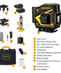 Floor Laser Level Self Leveling With 3x360 Green Beam Cross Lines For Boss Level Squaring On Floors Walls And Ceilings displayed with accessories