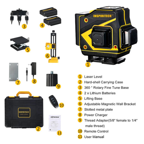 Floor Laser Level Self Leveling With 3x360 Green Beam Cross Lines For Boss Level Squaring On Floors Walls And Ceilings displayed with accessories
