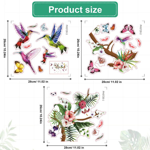 Three Sheets Hummingbird Wall Stickers Set With Flowers And Birds Easy Peel And Stick Vinyl Clings with butterflies and branches
