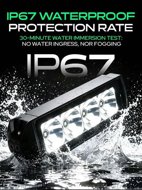 Compact 3 Inch LED Light Bar With 15W Output, Spot Beam 15 Degree, Built For Off Road Trucks, UTVs, ATVs, Boats And More, Beefed Up Weatherproof Driving Light For Night Missions, Construction Sites, And DIY Projects. IP67 waterproof 3-inch LED light bar in water splash test.