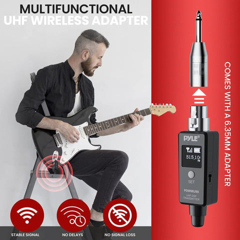 Musician playing guitar with UHF Wireless XLR Adapter System, showing transmitter and receiver functionality, dark gray device