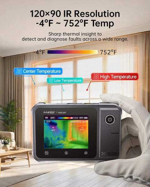 2 In 1 Thermal Imaging Multimeter with 19999 Counts TRMS Readings and 120x90 Infrared Camera in living room setting