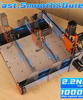 FoxAlien Masuter 3S CNC router machine, orange aluminum frame with blue LED accents, front view.
