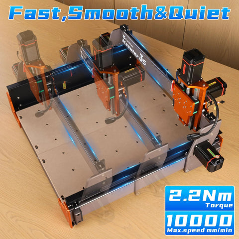 FoxAlien Masuter 3S CNC router machine, orange aluminum frame with blue LED accents, front view.