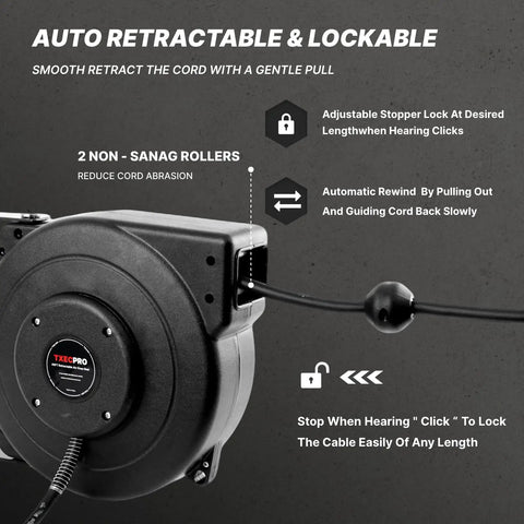 Heavy Duty Retractable Air Hose Reel With 1/4 Inch By 45 Feet Hybrid Hose Max 300 Psi Plus Five Foot Lead In Wall Or Ceiling Mount shown with automatic retractable features and non-snag rollers.