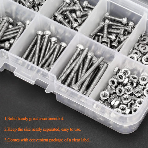 Kickass 304 Stainless Steel Hex Socket Head Cap Bolt Kit With Matching Flat Washers And Hex Nuts Total 420 Piece Assortment in organized storage.