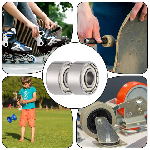 693ZZ Double Shielded Deep Groove Ball Bearings Kit 30Pcs with images of skate repair, roller skates, and DIY projects.
