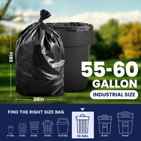 Beefy Heavy Duty 55-60 Gallon Contractor Trash Bags, 1.2 Mil Black Puncture Resistant Garbage Bags shown against greenery.