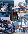 Variable DC Power Supply 0-30V 0-10A in use for experiments, repairing, DIYs, and school projects, SPS-3010 shown over activity images.