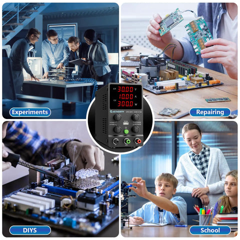 Variable DC Power Supply 0-30V 0-10A in use for experiments, repairing, DIYs, and school projects, SPS-3010 shown over activity images.