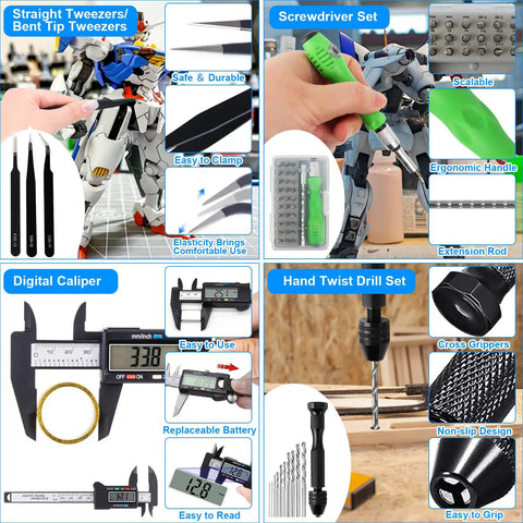 192 Piece Model Tool Kit For Figure And Vehicle Models, featuring tweezers, screwdriver, caliper, and twist drill set.