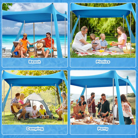 Spacious 10x10 Foot Beach Shade Canopy With UPF50 Plus Sun Protection Pop Up Shelter used at beach, picnics, camping, and parties