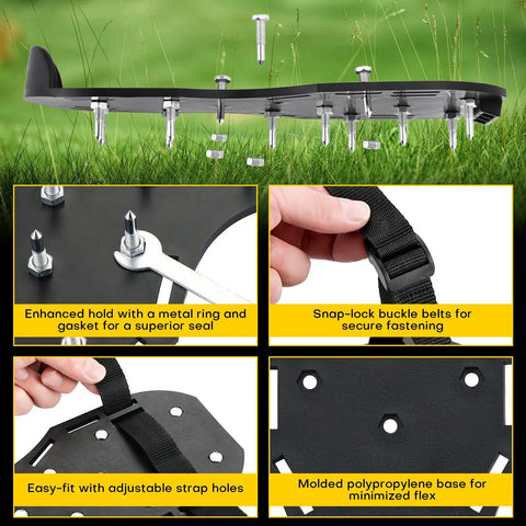 Lawn Aerator Shoes With 1.1 Inch Spikes Adjustable Straps Universal Fit For Yard and Garden Aeration with strap and base details