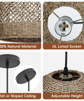 WALMHEIM 15.7" Boho Rattan Pendant Light Fixture with UL listed socket and adjustable height, made from natural materials.