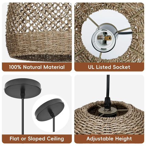 WALMHEIM 15.7" Boho Rattan Pendant Light Fixture with UL listed socket and adjustable height, made from natural materials.