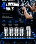 Heavy Duty Anti Theft Wheel Lock Lug Nuts M14x1.5 showing four chrome locking nuts designed for alloy wheels and anti-theft protection.