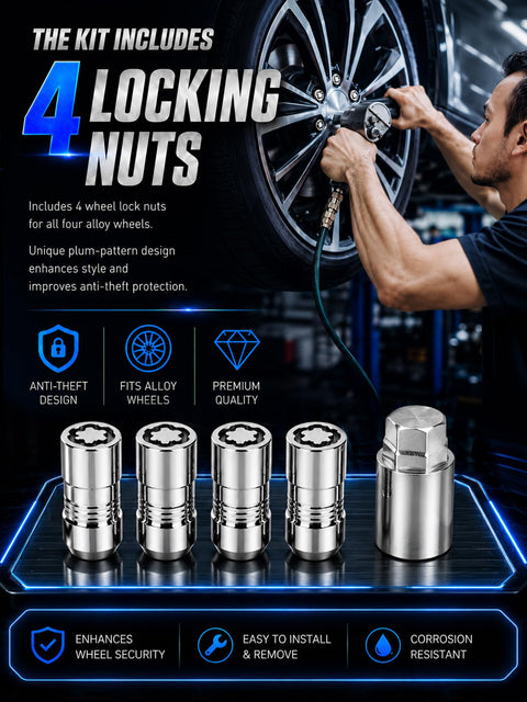 Heavy Duty Anti Theft Wheel Lock Lug Nuts M14x1.5 showing four chrome locking nuts designed for alloy wheels and anti-theft protection.