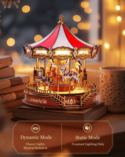 Wooden 3D Puzzle Carousel Music Box Kit with lights and horse figures, dynamic and static modes visible.