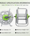 Diagram of metal hose reel cart that holds 100 feet of five eighth inch hose, showing dimensions for outdoor watering and storage.