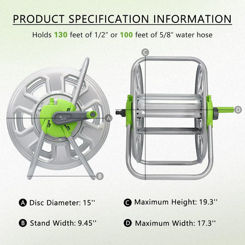 Diagram of metal hose reel cart that holds 100 feet of five eighth inch hose, showing dimensions for outdoor watering and storage.