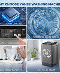 Heavy Duty Portable Washing Machine With Self Draining Pump Ten Auto Wash Cycles And Slick LED Interface displayed with multiple features.